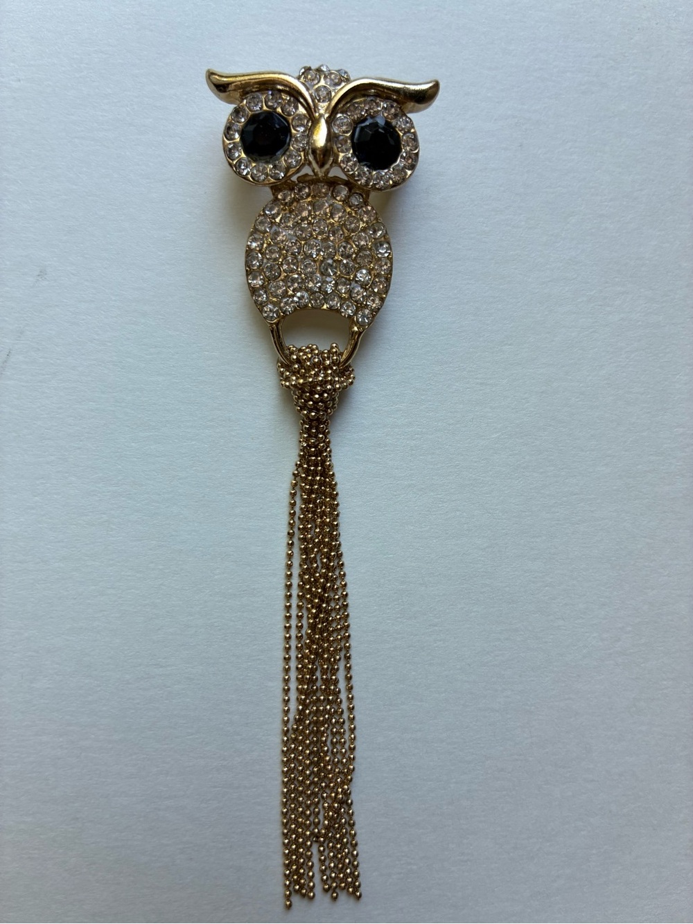 Gold Owl Tassel Brooch Pin with Blue Crystal Eyes